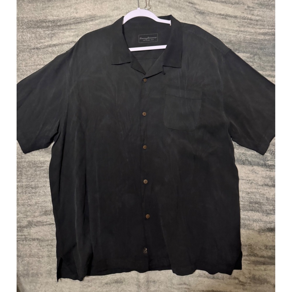 Tommy Bahama Mens XXL Black Silk Jacquard Palm Leaf Camp‎ Shirt OT317174